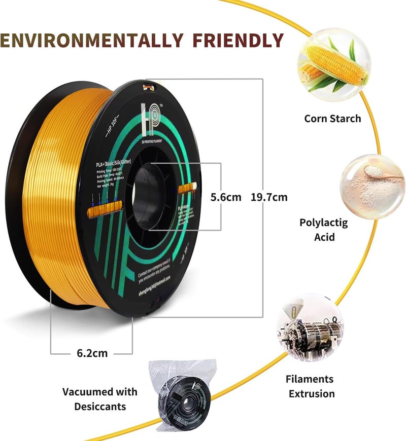 HP3DF PLA Filament, Silk PLA, 3D Printer Filament, PLA Filament 1.75mm Dimensional Accuracy +/- 0.02mm, 1KG Spool (2.2 lbs), Fit Most FDM Printer (Silk Gold) - Image 3
